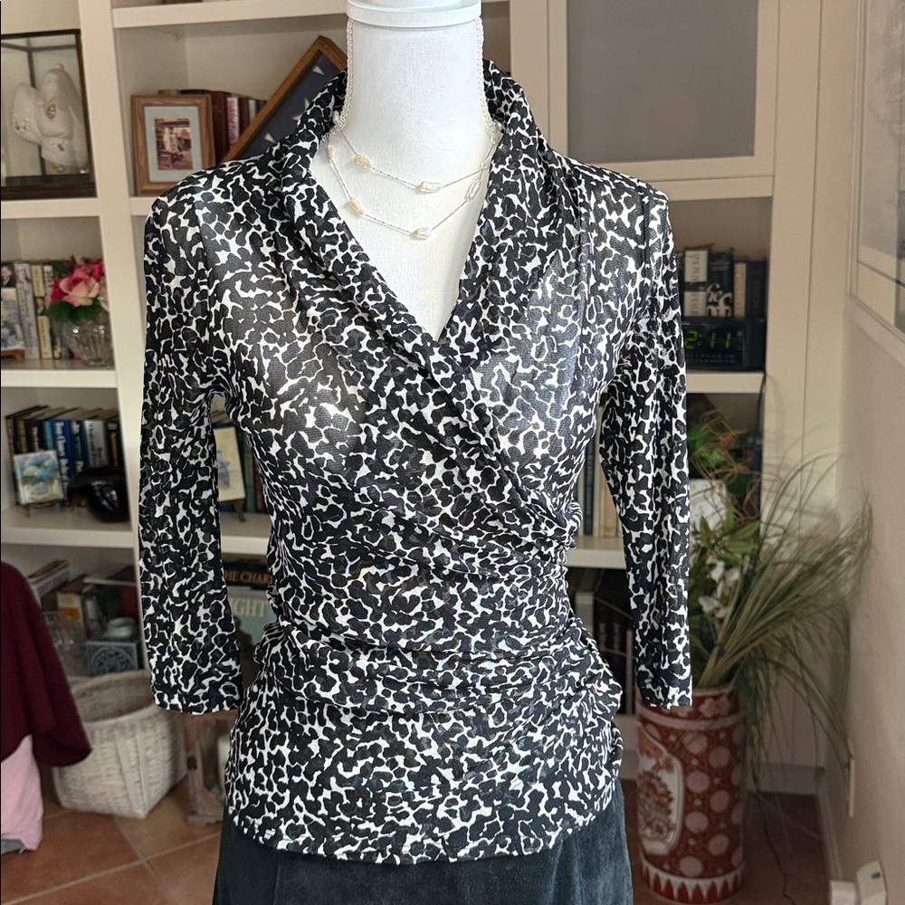 Karen Kane Black and White Printed Wrap-Style Blouse